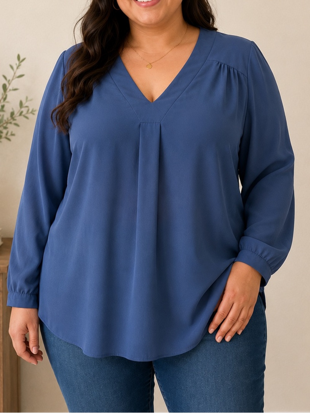 Plus Size Dusty Blue V-Neck Blouse Long Sleeve Workwear Chic